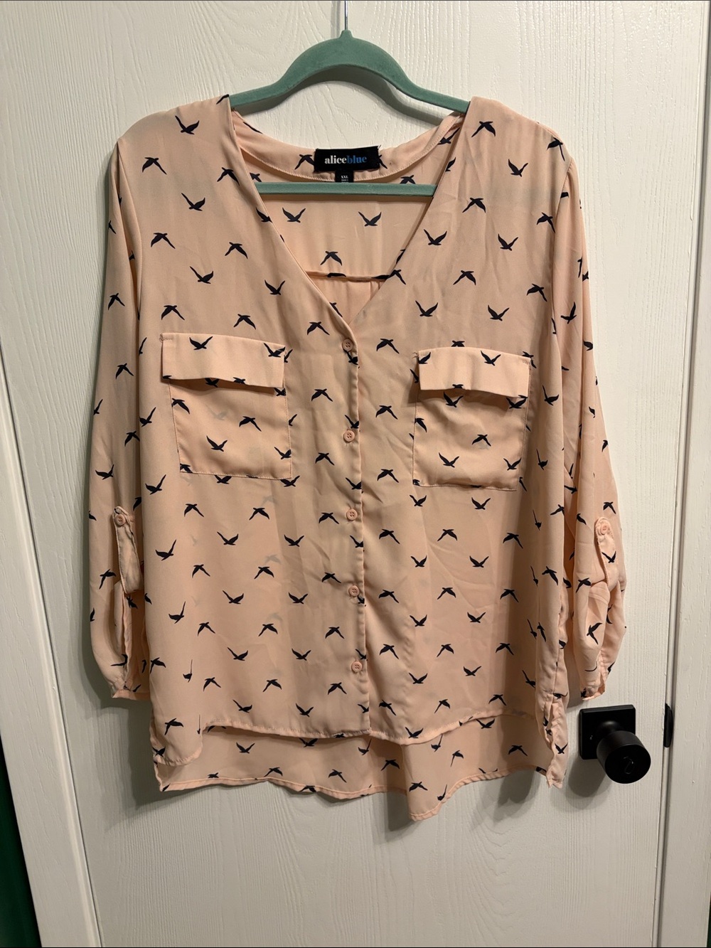 Aliceblue pale pink bird Printed V-Neck Button Blouse size XXL